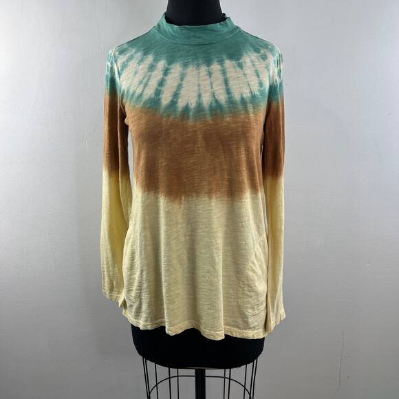 LOGO By Lori Goldstein Top Cotton Green Yellow Tie-Dye Mock Neck Size X-Small XS - Picture 2 of 10